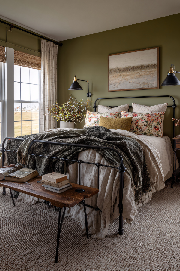 High Point Airbnb bedroom with green accents