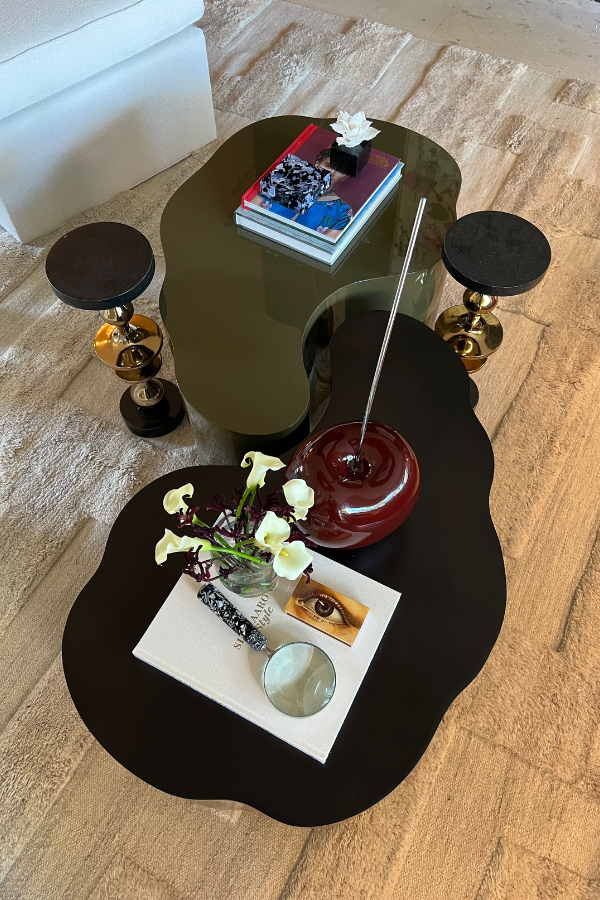 a pair of organic coffee tables with assorted decor objects on top