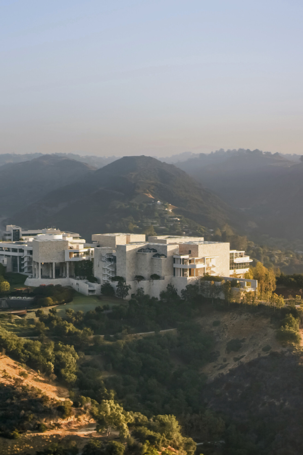 museum architecture of the Getty in California amid the Santa Monica Mountains