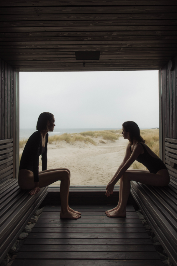 sauna types include the traditional Finnish sauna with two women pictured here
