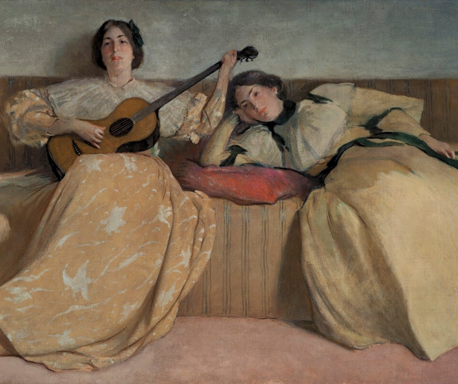 A painting of two women on a sofa, one holding a guitar, to serve as the featured image for an article about AI music
