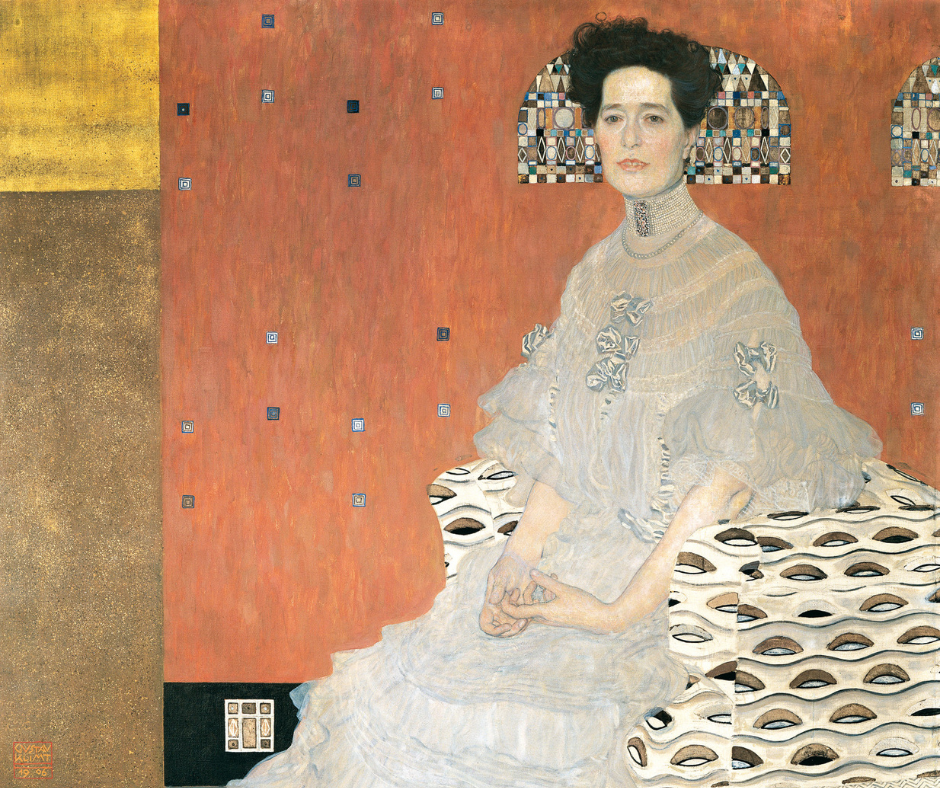 portrait of a woman by Gustave Klimt in the viennese secession style