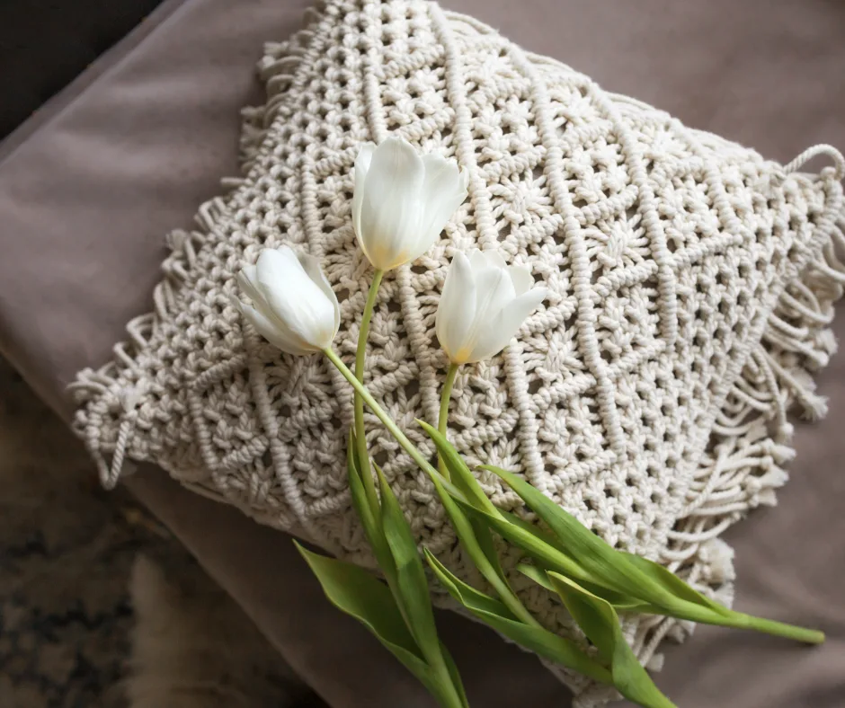 pillow made using a macrame kit