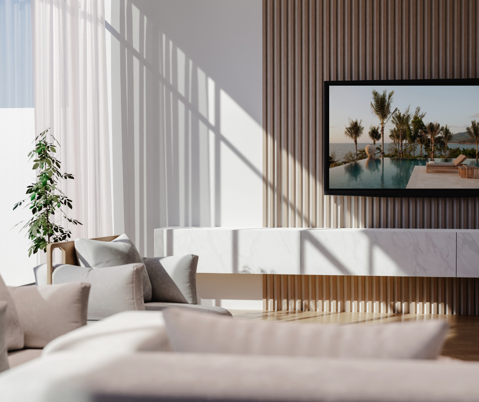 real estate show on the TV in a bright living room with neutral tones