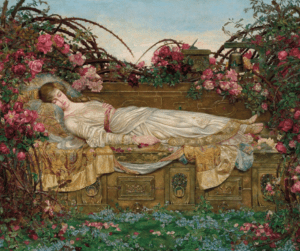 a painting of sleeping beauty in honor of the 2024 Met Gala Theme Sleeping Beauties: Reawakening Fashion