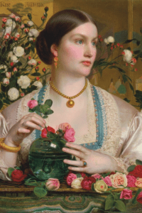 a woman with roses in a vase