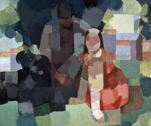 a Cubist style painting of a woman, man, and dog in a park