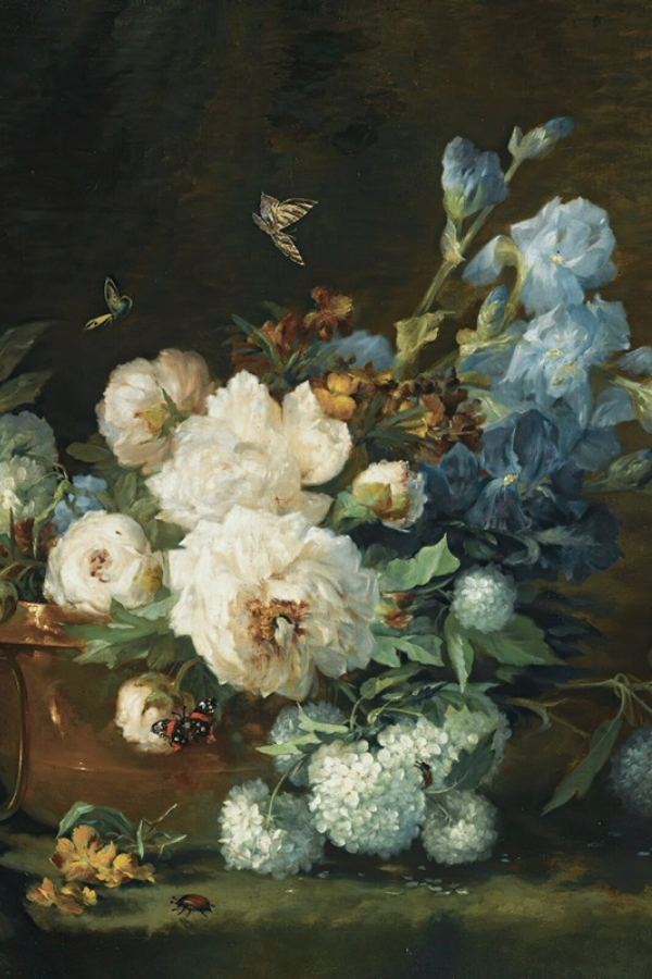 hydrangeas and other flowers in a 19th century painting