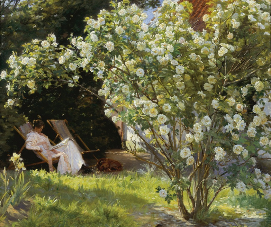 painting of a woman with her dog seated in a garden with blooming trees