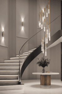 Modern interior featuring a curved floating staircase, sculptural pendant lighting, fluted wall paneling, and a minimalist entry table in a luxury home. The furniture and lighting is from JIMECO.