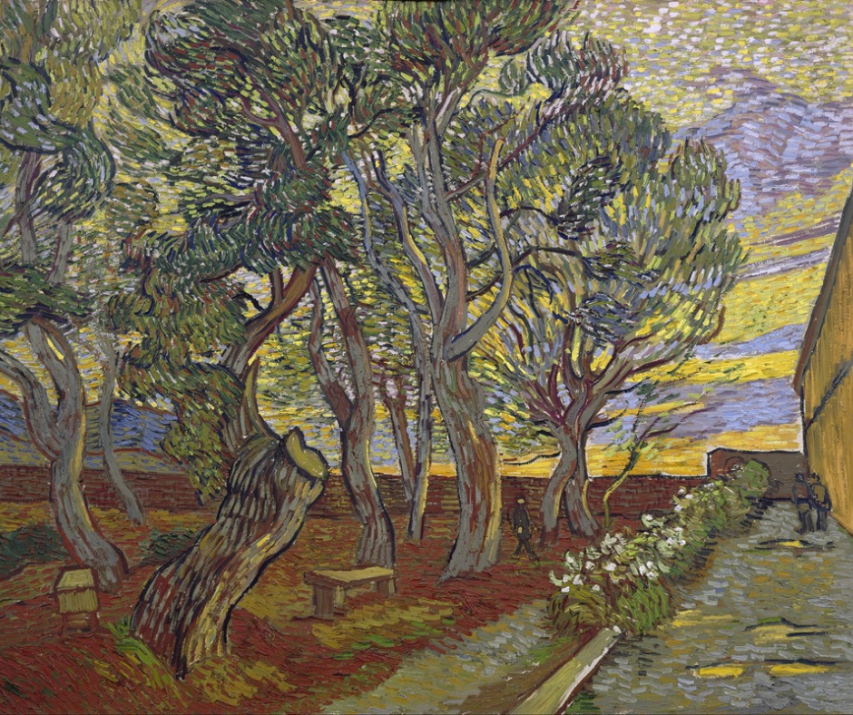painting of the grounds of a hospital by Vincent van Gogh