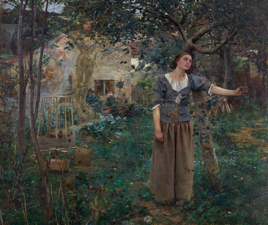 Joan of Arc standing by a house in a forest of trees