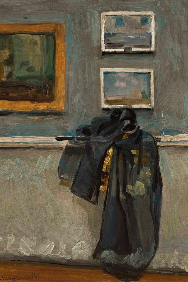 a painting of clothes hanging over a ledge at an art gallery