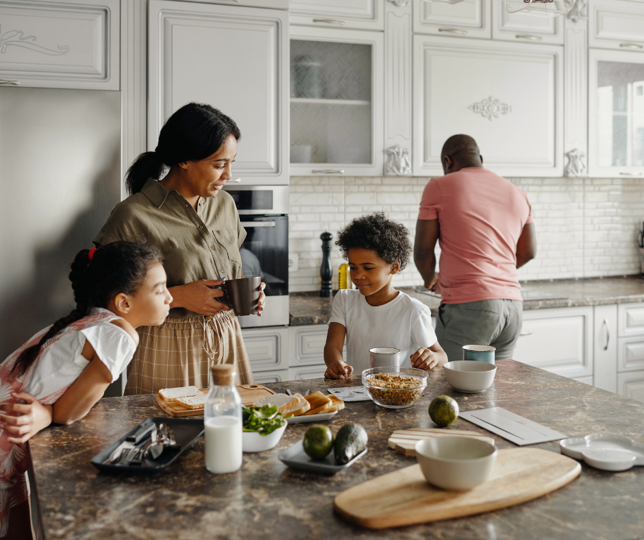 a family preparing breakfast