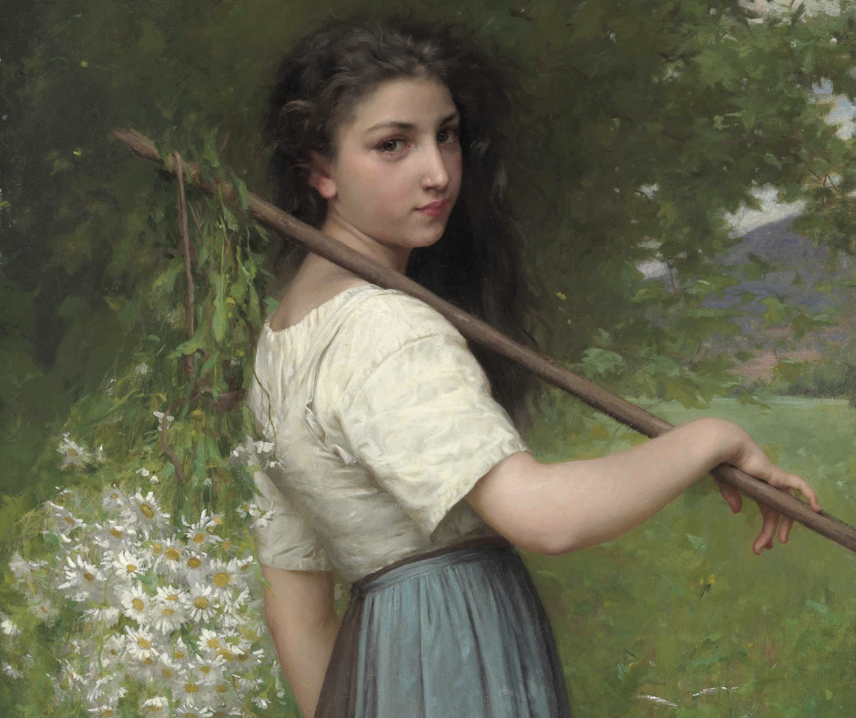 a woman holding daisies on a pole