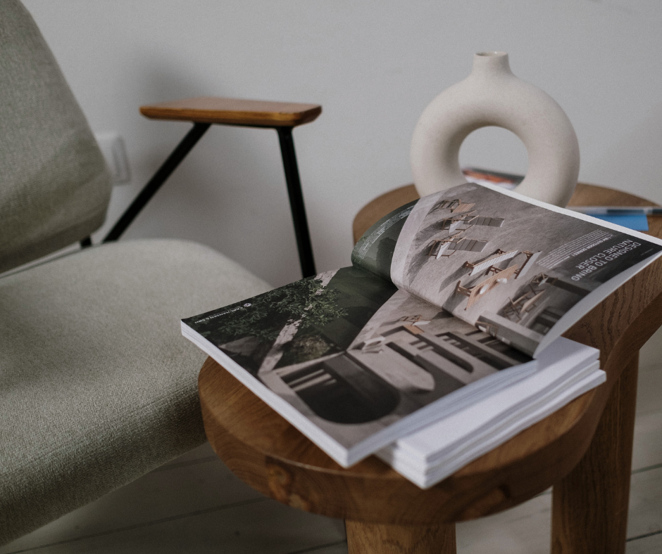 a desk with magazines