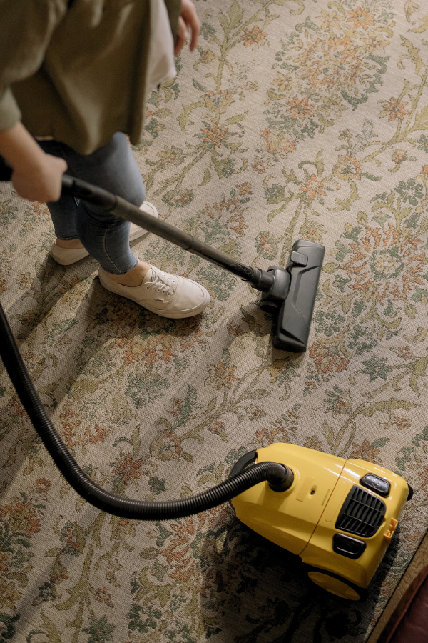 a woman pushing a vacuum cleaner on a rug