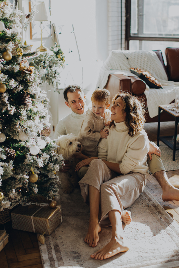 a family decorating their Christmas tree