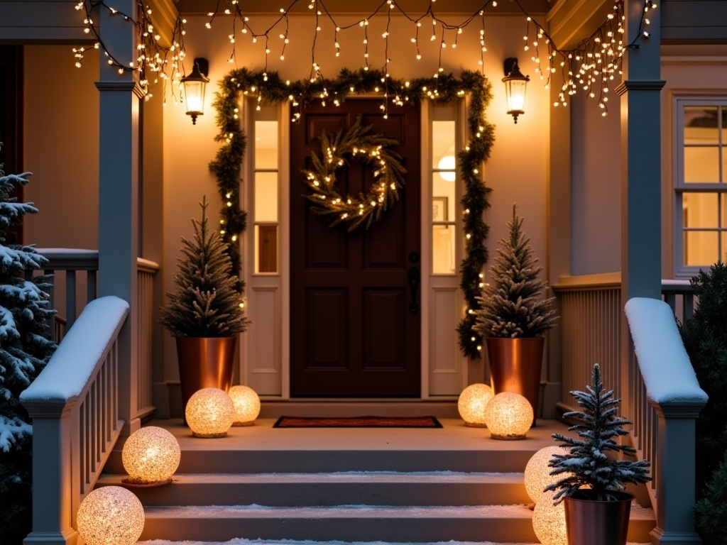 A beautifully decorated front porch at twilight during Christmas season with glowing lights and snow.