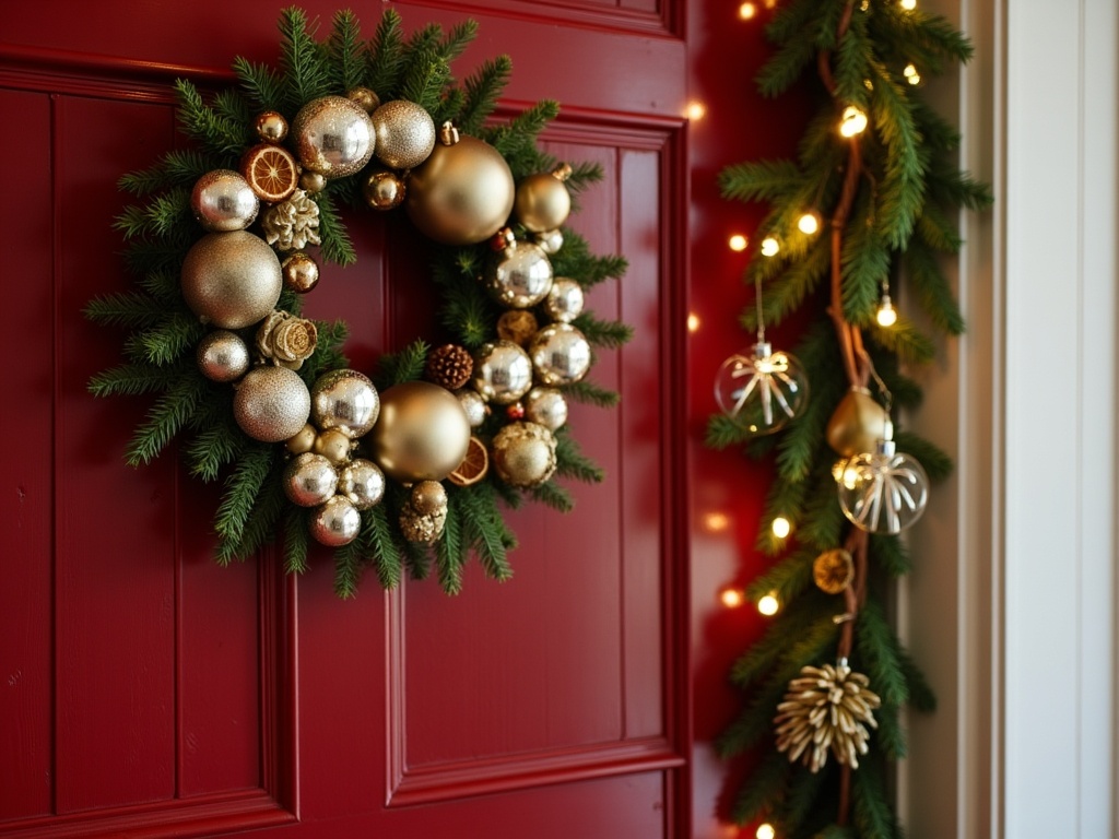 A beautifully decorated front door with a handmade wreath featuring metallic ornaments and pine garland.