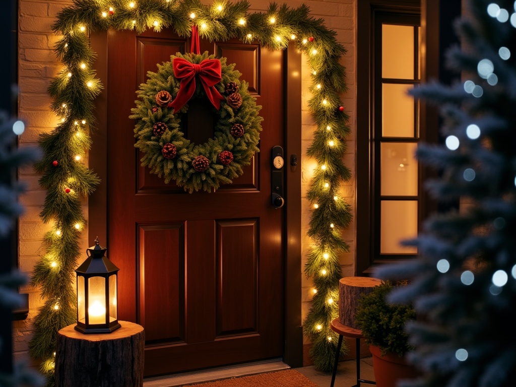 A cozy front door decorated for Christmas at twilight with glowing lights and a festive wreath.