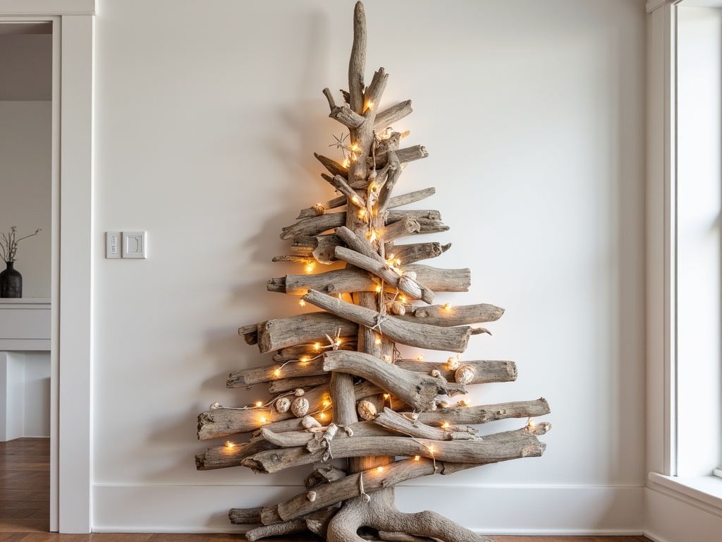 A driftwood Christmas tree made of weathered wood, adorned with starfish and seashells, illuminated with warm LED lights.