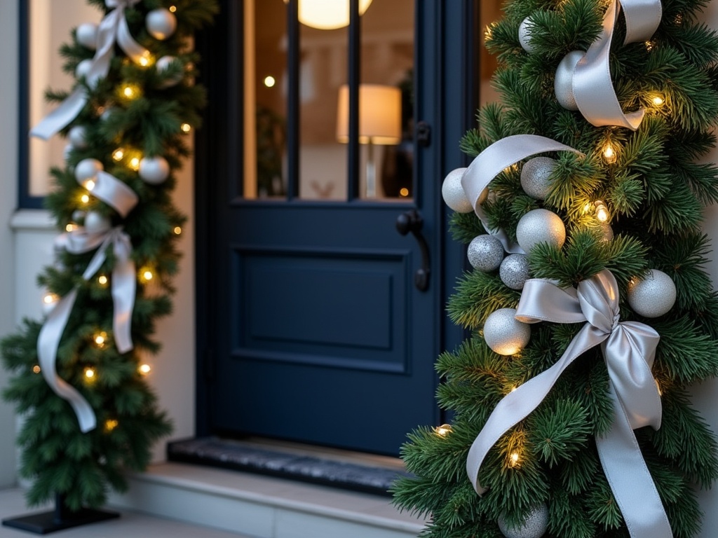 A close-up shot of a navy blue front door decorated with an evergreen garland, frosted white berries, and silver pinecones.