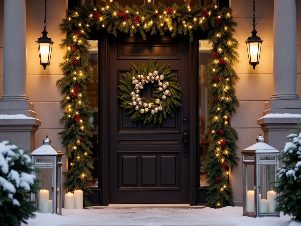 A luxurious front door decorated for Christmas with an evergreen wreath and lanterns.