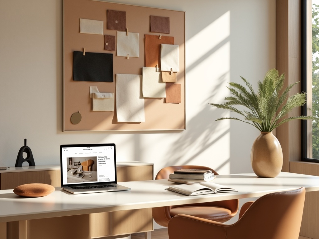 A luxurious minimalist interior design workspace with warm colors and a sleek white desk.