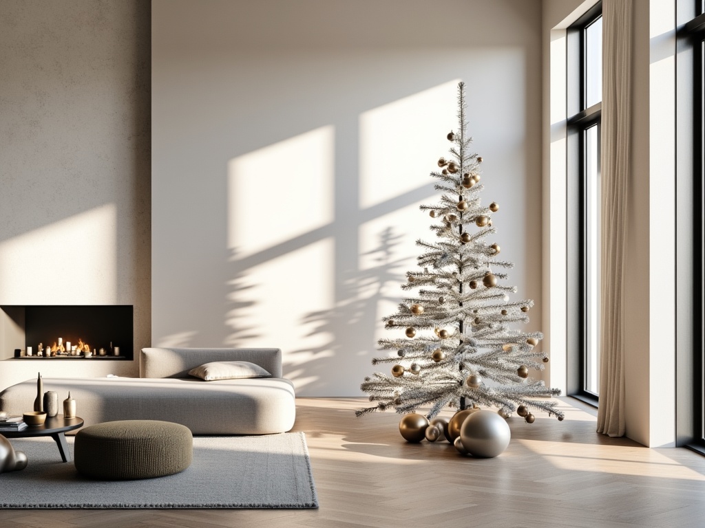 A sleek and minimalist living room decorated for the holidays with a modern geometric metal wire Christmas tree and metallic ornaments.