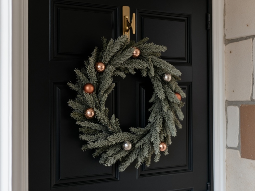 Modern minimalist Christmas door decoration featuring a geometric wreath with frosted pine branches and metallic accents.