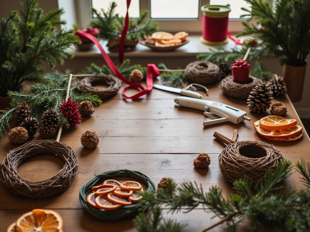 A rustic wooden table with DIY Christmas decorations including pinecones and evergreen branches.