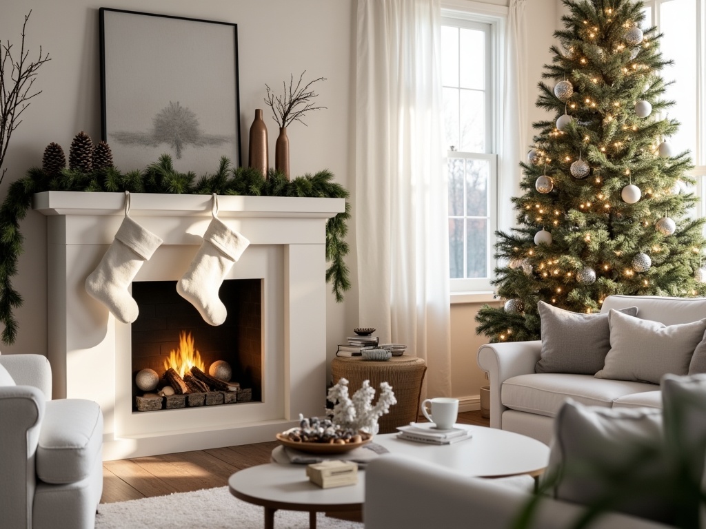 A warm, inviting living room decorated for Christmas with a modern fireplace and decorated tree.