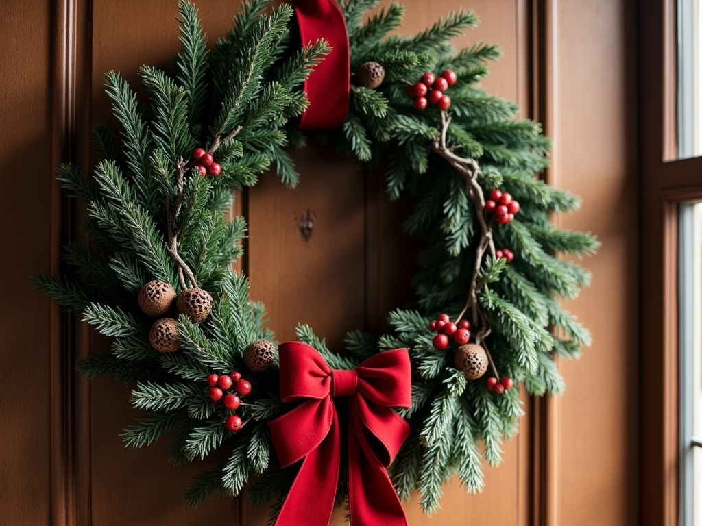 A close-up photorealistic shot of an elegant traditional Christmas wreath mounted on a rustic wooden front door.