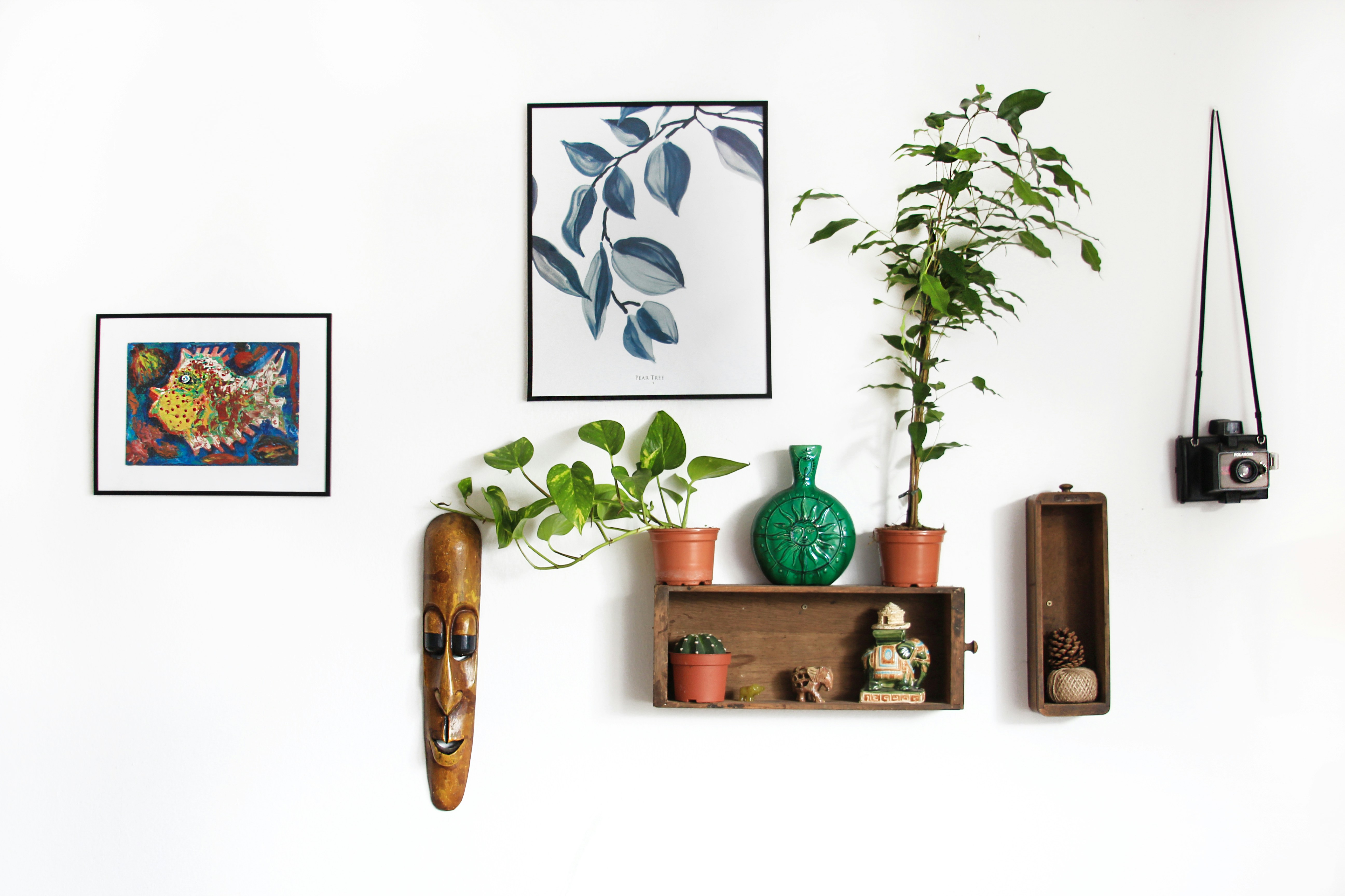 Colorful artwork and greenery on a white wall, featuring a wooden mask, plants in pots, and a vintage camera.