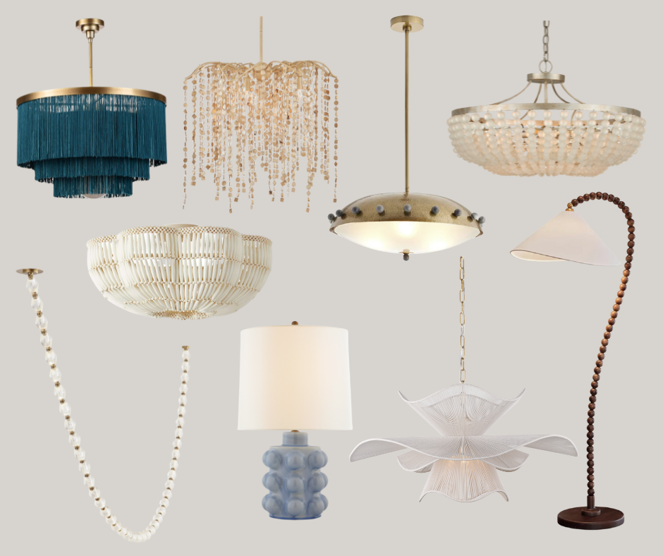 a series of string lights and beaded lamps