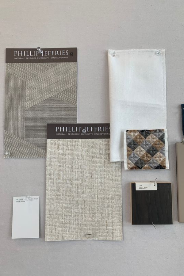 Phillip Jeffries wallcoverings pinned to a mood board