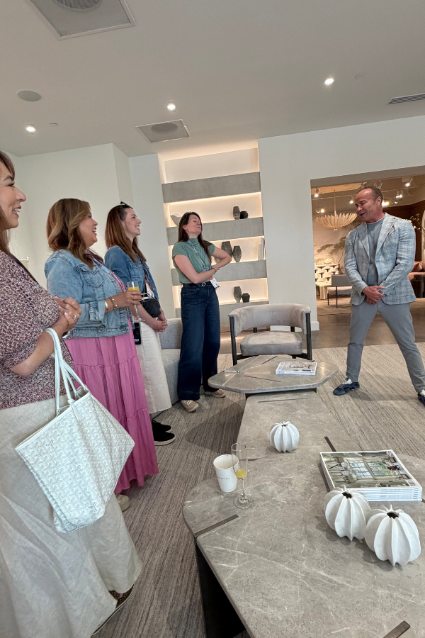 Alex Bernhardt Jr. presents Bernhardt furniture and design details during the DesignDash Meet the Makers showroom tour.