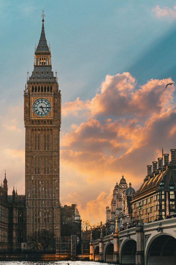 Big Ben and the Palace of Westminster overlooking the River Thames at sunset in London.