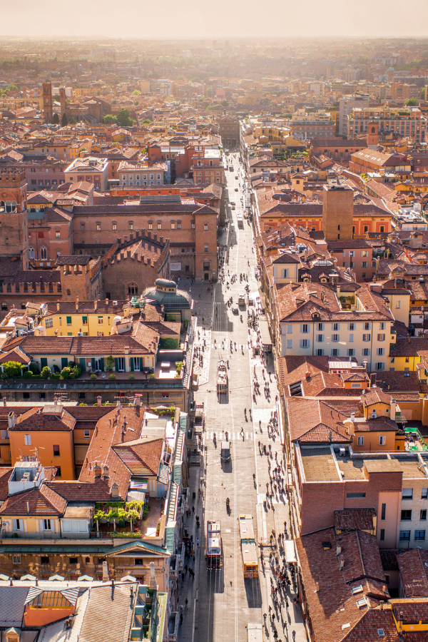 Panoramic view of Bologna’s historic center, with terracotta rooftops, medieval buildings, church towers, and green hills beneath a bright blue sky.